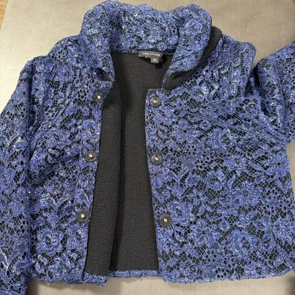 Marc Jacobs Bolero‎ Cashmere Crop Jacket Luxury Blue Metallic Floral Mesh Blazer - Picture 6 of 16